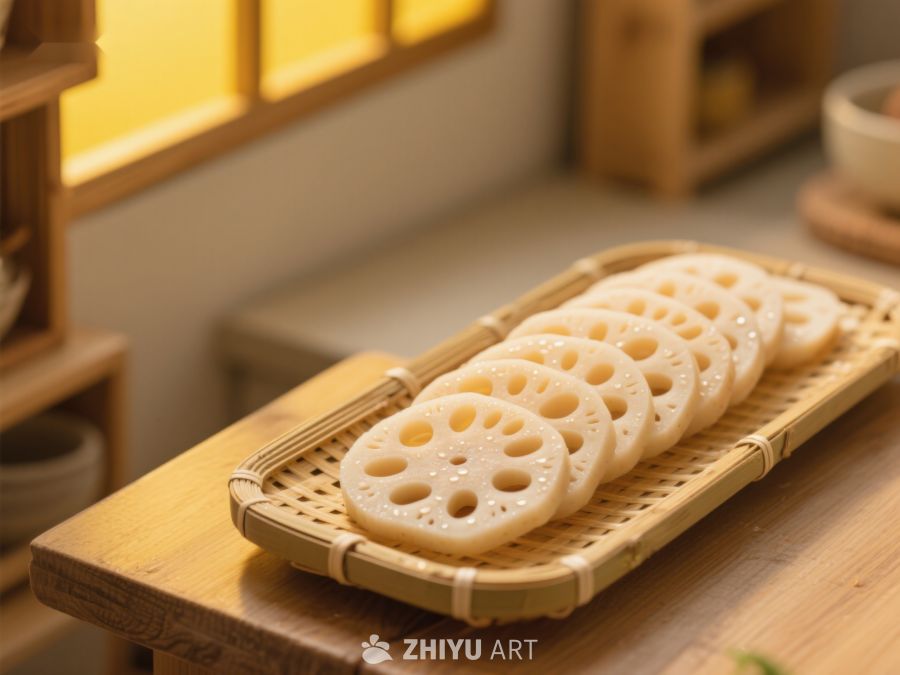 莲藕片摆放在竹编托盘上 222