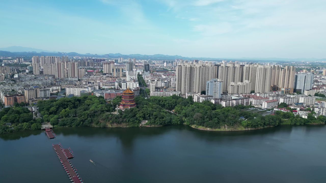 航拍鹰潭公园北极阁地标建筑