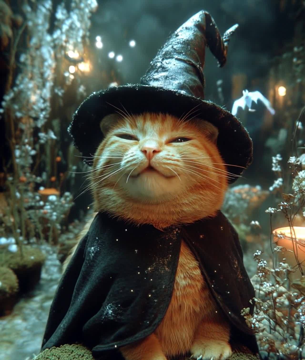 戴着巫师帽和披风的橘猫，微笑于森林之中