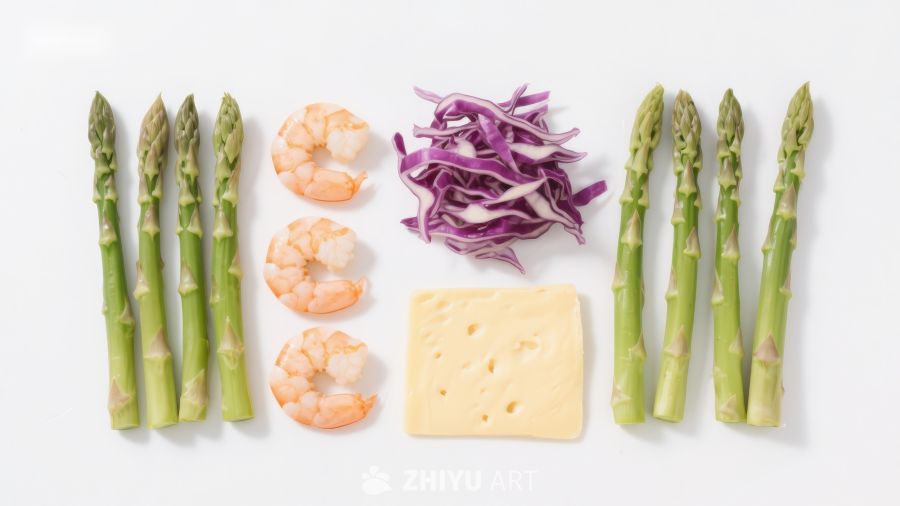 食材摆盘：芦笋虾仁紫甘蓝奶酪