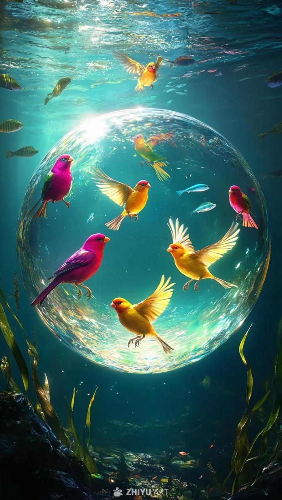 水下场景，一个晶莹剔透的球体悬浮其中，内部有色彩鲜