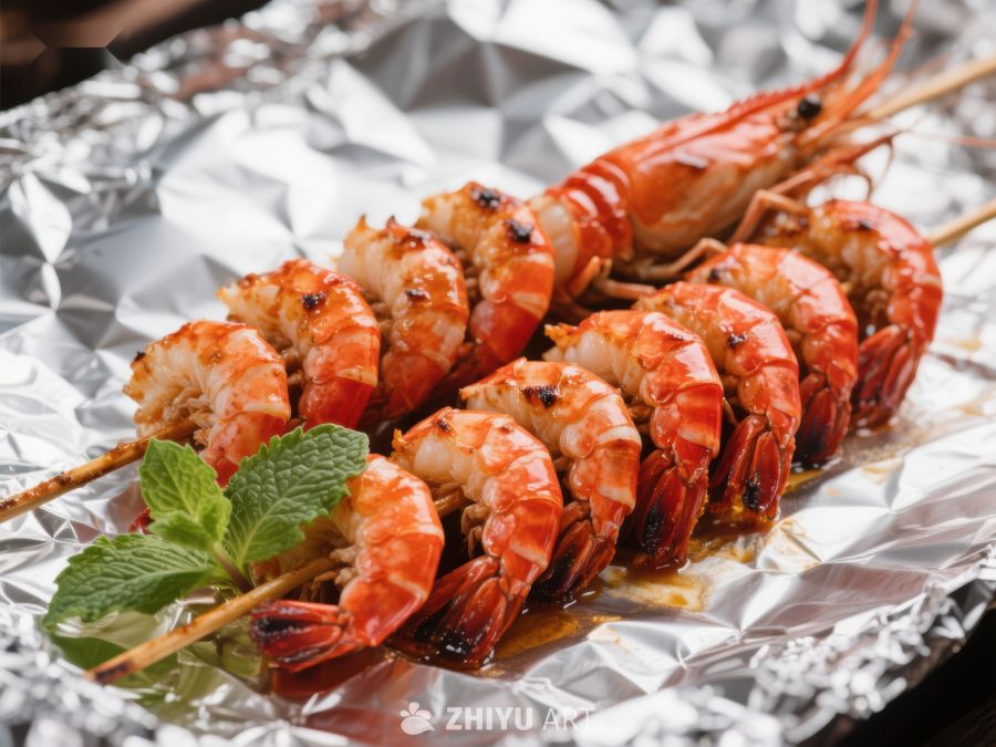 烤虾串配薄荷叶