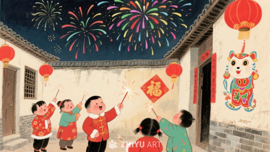 孩童欢庆新年，烟花绽放夜空 22