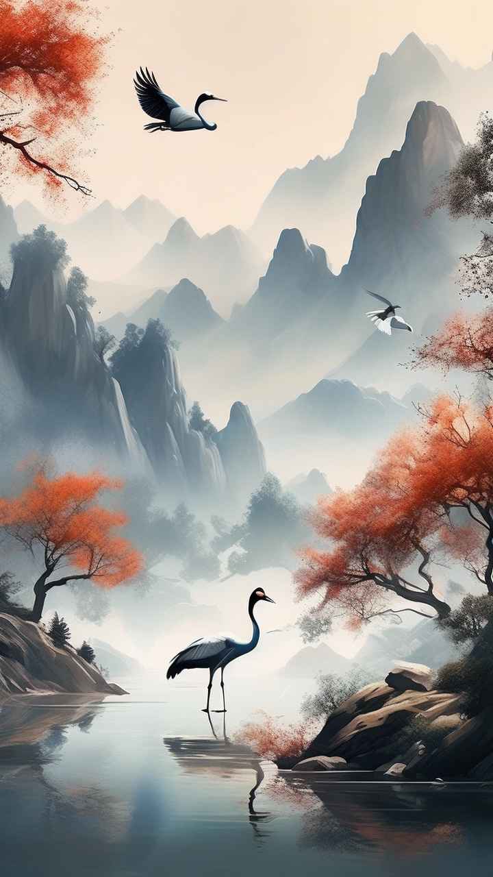 国风山水鹤插画背景 20