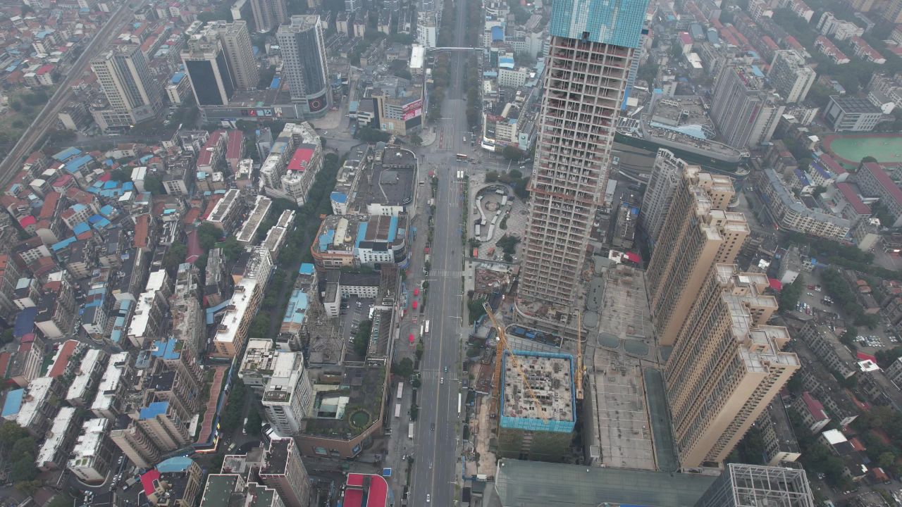 湖南岳阳城市清晨风光航拍 