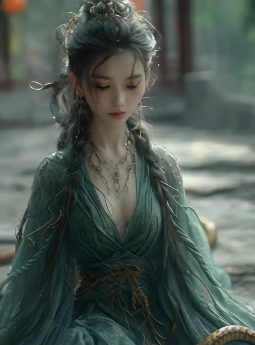 古风女子端坐，绿色长袍，蛇形图案。