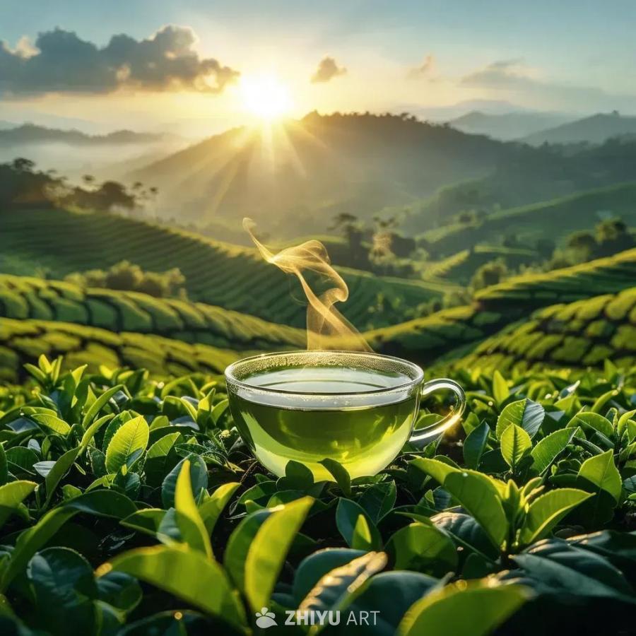 一杯冒着热气的绿茶，置于翠绿的茶园之中，周围环绕着