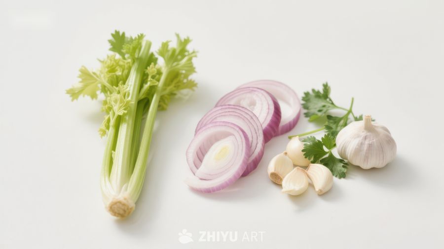 新鲜蔬菜组合：芹菜、洋葱、大蒜与香菜
