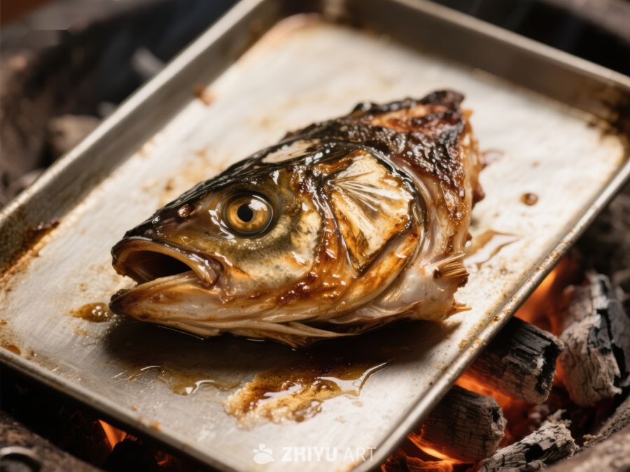 烤鱼在炭火上烹饪