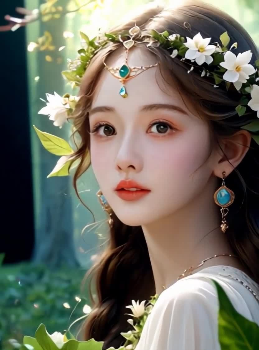 一位年轻女性肖像，戴着由白色花朵和绿叶组成的头饰，