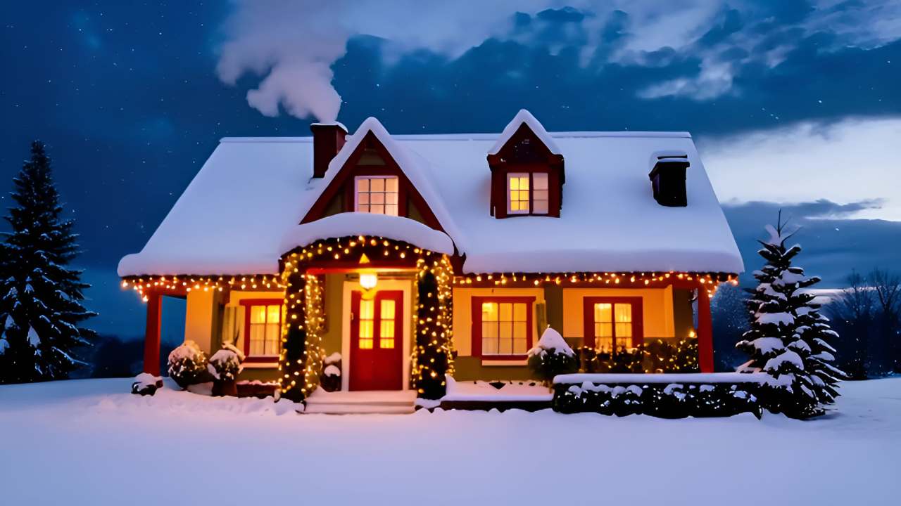 一座被雪覆盖的小屋,屋顶冒着白色的烟雾。小屋的门廊