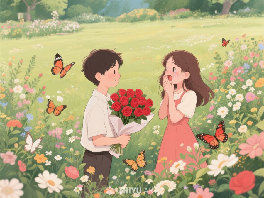 花丛中男孩献花给女孩 325