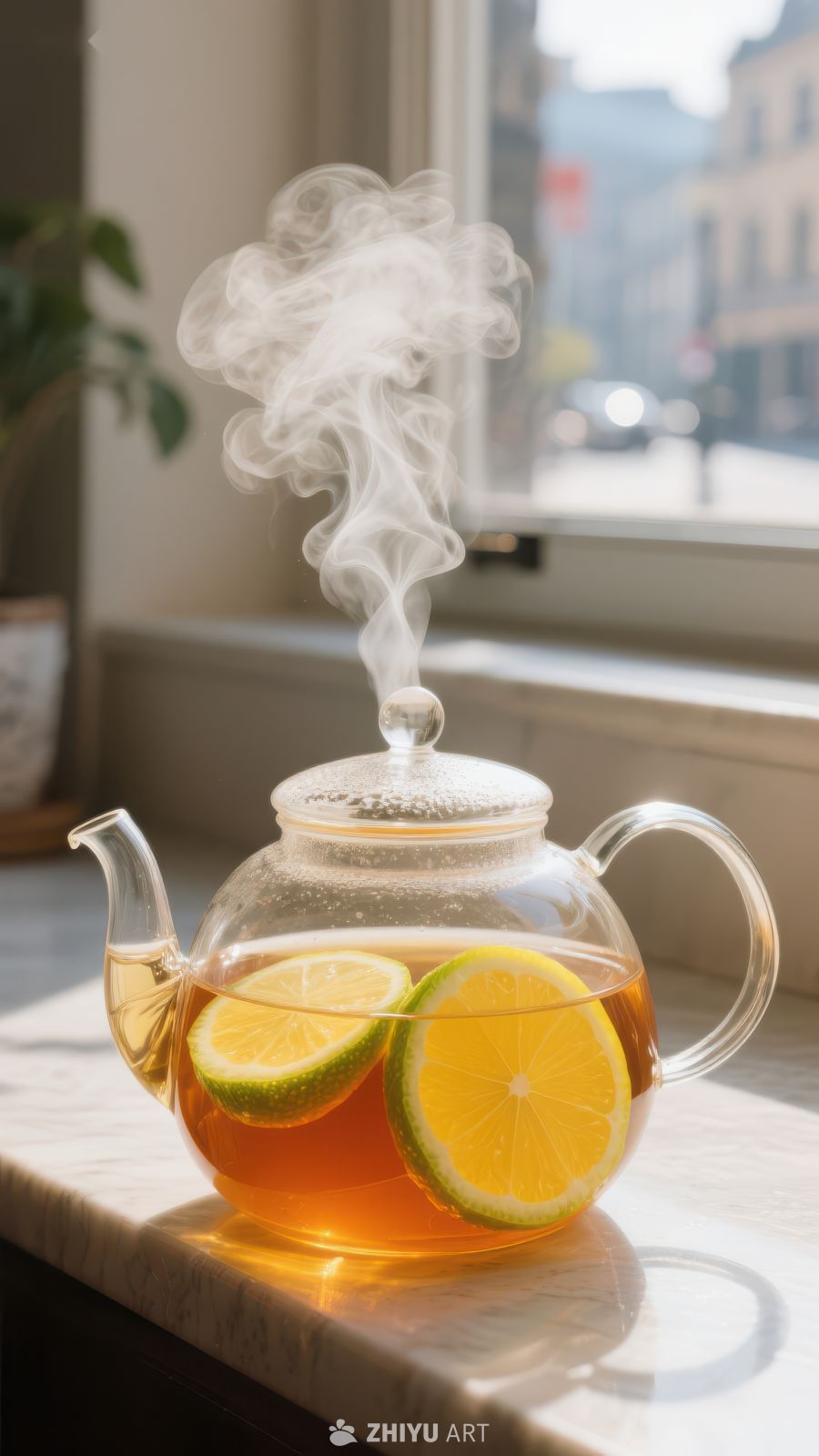 热气腾腾的柠檬茶壶窗边静景