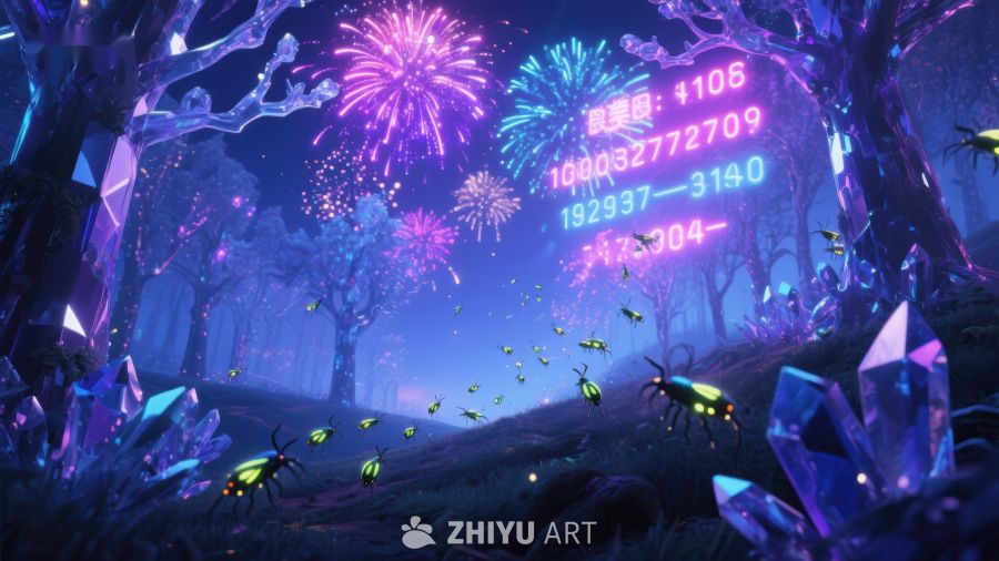 梦幻森林夜景，烟花与数字悬浮 254