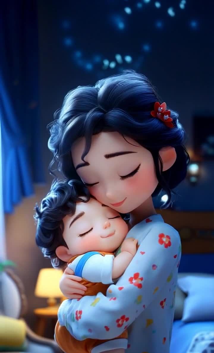 一位黑发女性闭着眼睛，怀里抱着一个也闭着眼睛的小孩