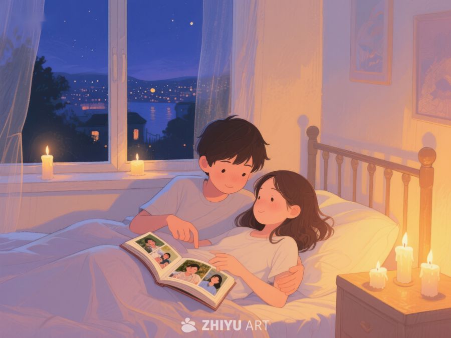 夜晚窗边共读相册的温馨时刻 1002