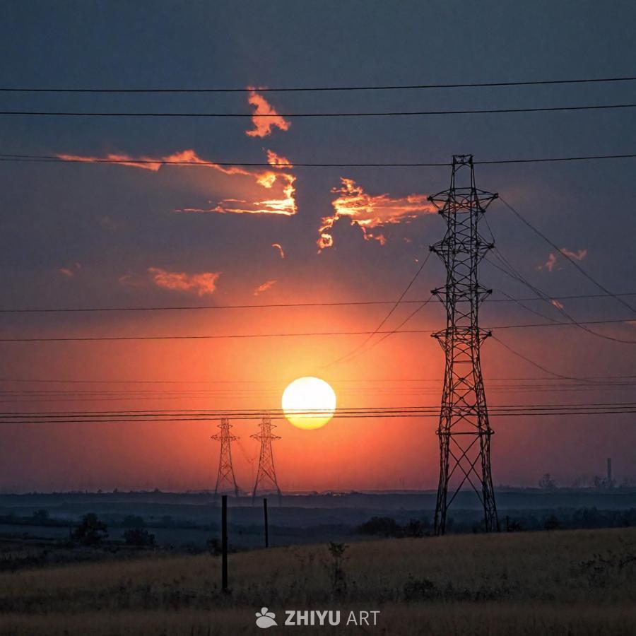 广阔的田野上，太阳正在落下，背景呈现出壮丽的日落景
