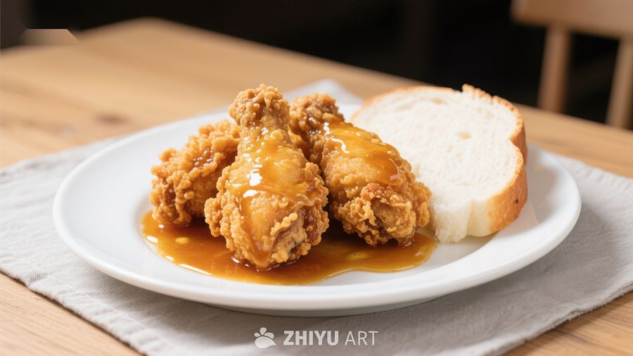 炸鸡配面包，淋上酱汁
