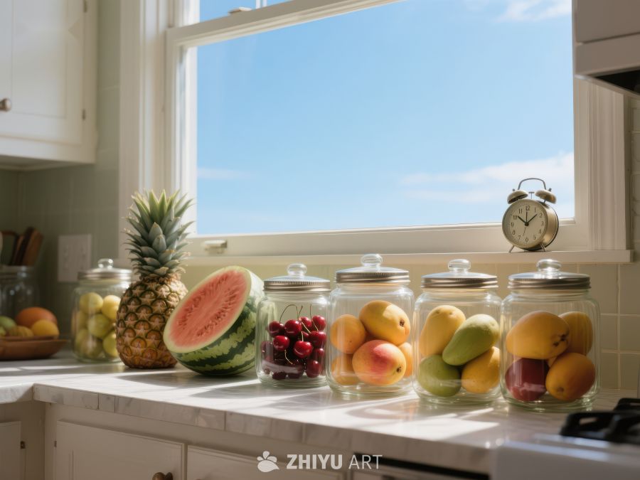 厨房窗台上的新鲜水果与储物罐 144