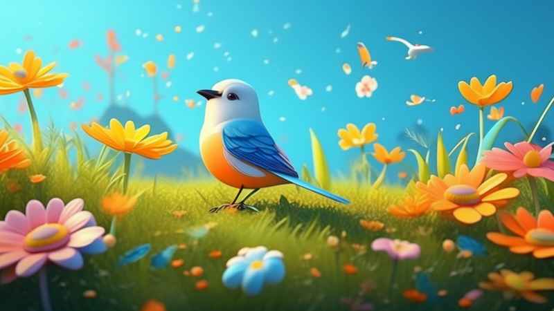 一个场景的草与鸟可爱的卡通风格 11
