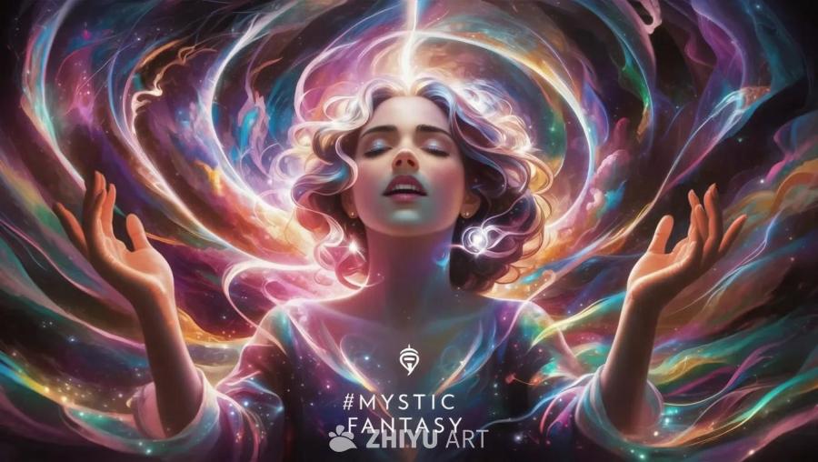 一个闭着眼睛的年轻女子，双手向上伸展，周围环绕着彩