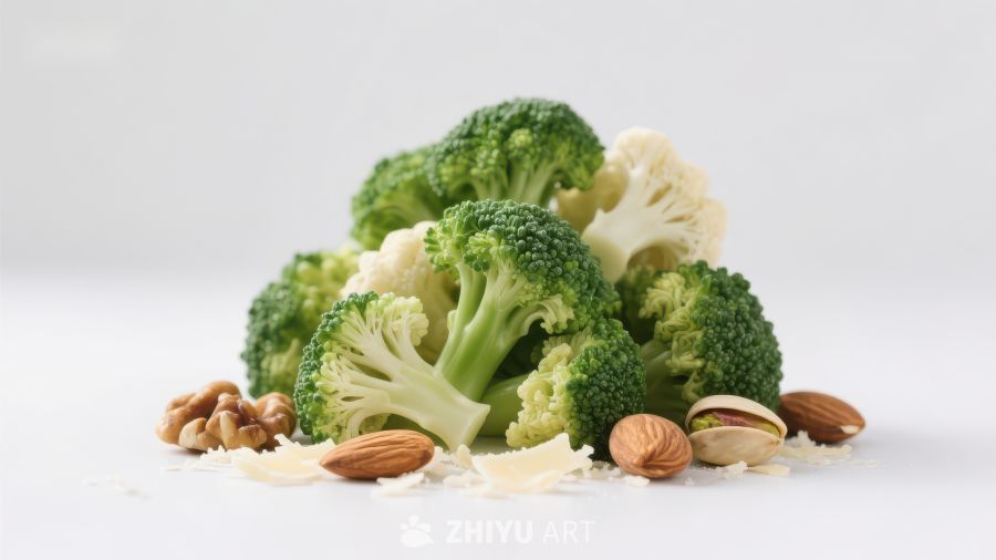 新鲜西兰花与坚果的组合