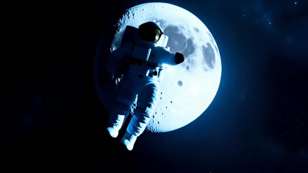 一位宇航员在太空的广阔背景中优雅地漂浮，背后是发光