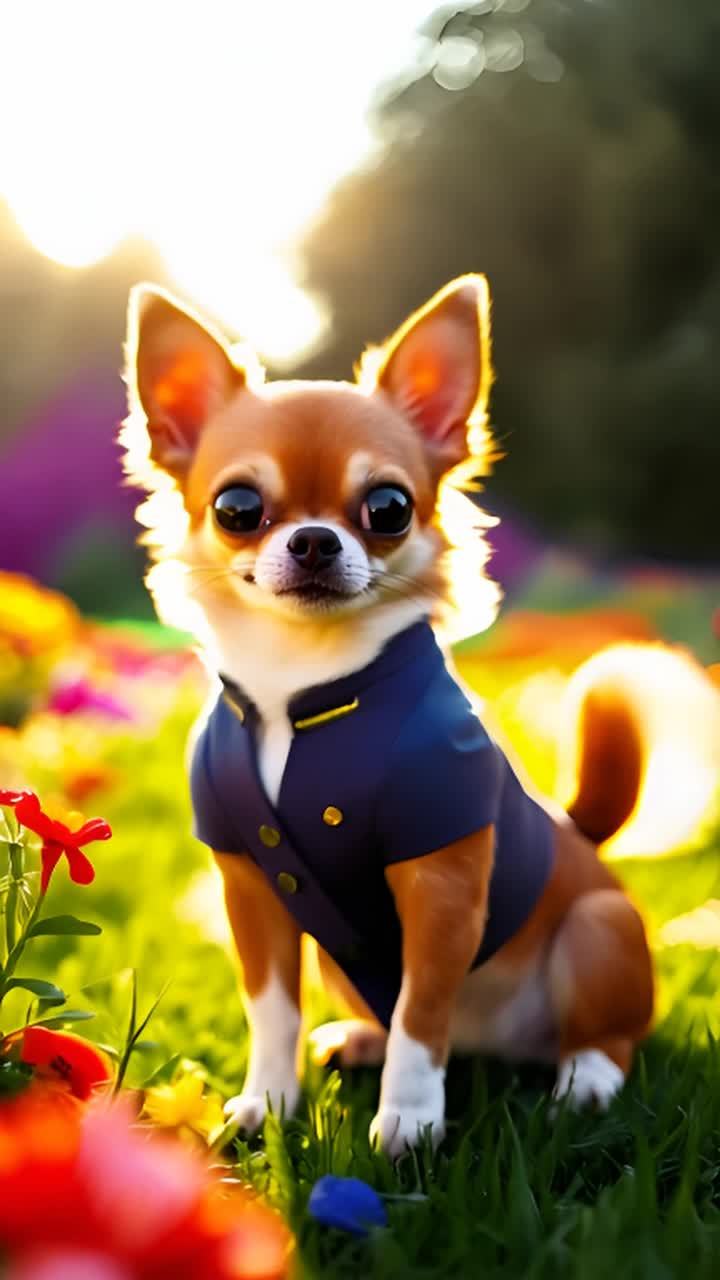 一只短毛浅棕色吉娃娃坐在开满彩色鲜花的草地上。阳光