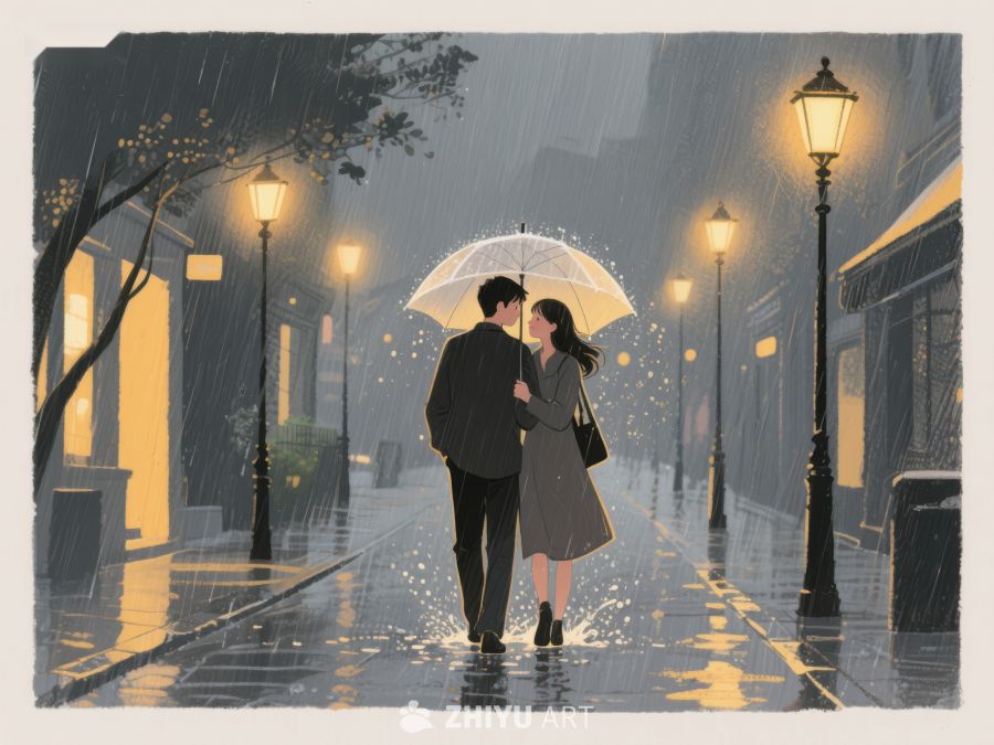 雨夜街头情侣共伞漫步 1054