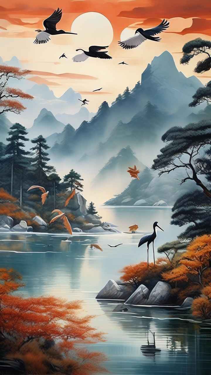 国风山水鹤插画背景 27