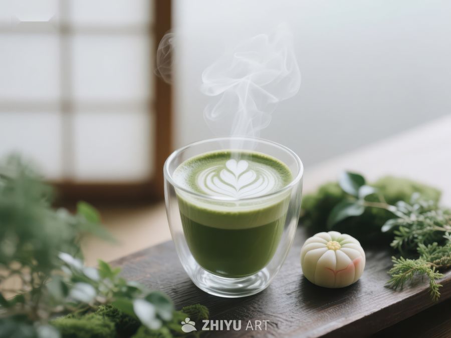 热气腾腾的抹茶拿铁与绿植相伴