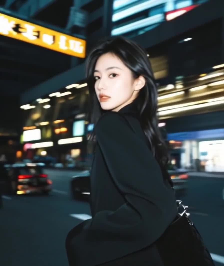 夜幕下，黑衣女子立于霓虹街头，眼神凝视镜头