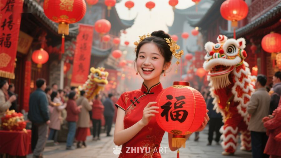 女子手持红灯笼，欢庆春节 76