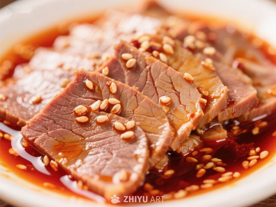 麻辣牛肉片，红油浸渍，芝麻点缀 948