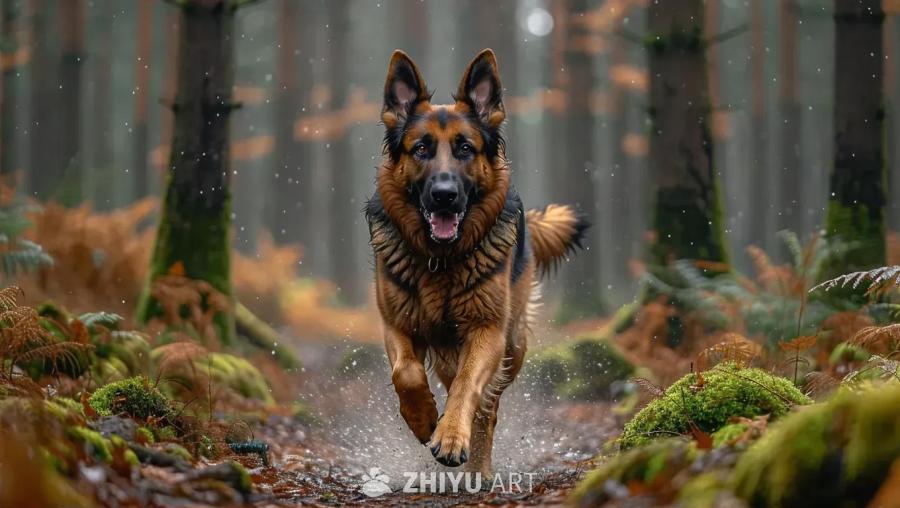 在阴沉的天气里，一只德国牧羊犬在茂密的森林中奔跑。