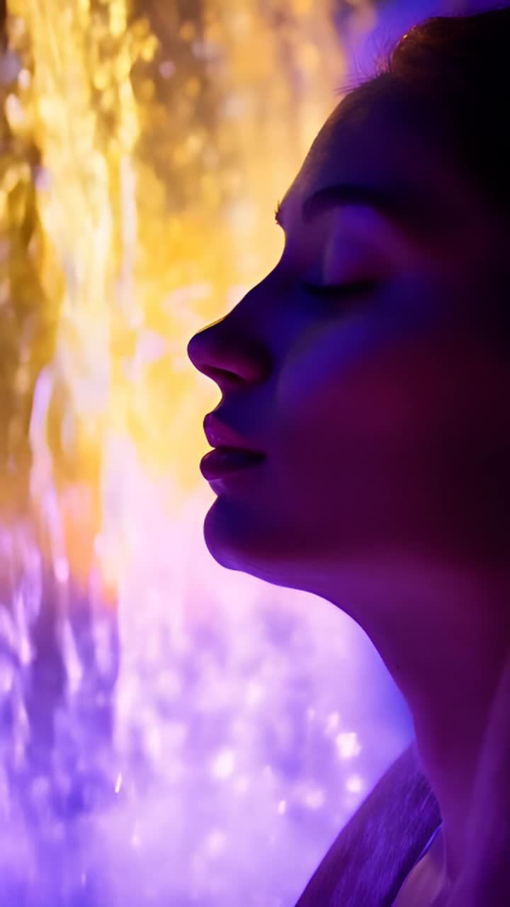 一位皮肤白皙的女性，留着红棕色中长卷发，闭着眼睛，