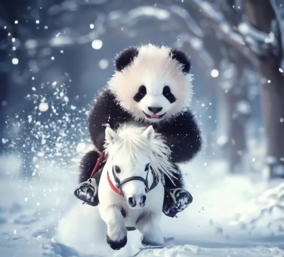 雪地熊猫骑小矮马奔跑