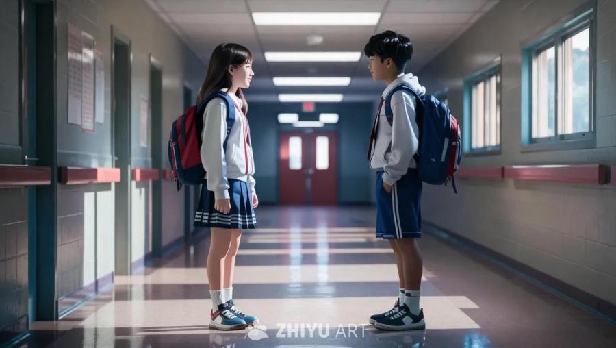 两个高中生站在学校走廊里聊天。他们穿着校服，背着书