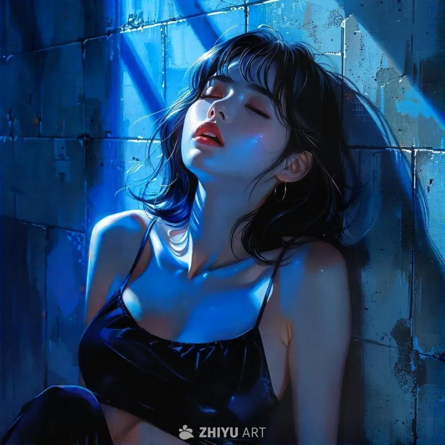 一个年轻女子靠在一面墙上，双臂抬起，眼睛闭着。她穿