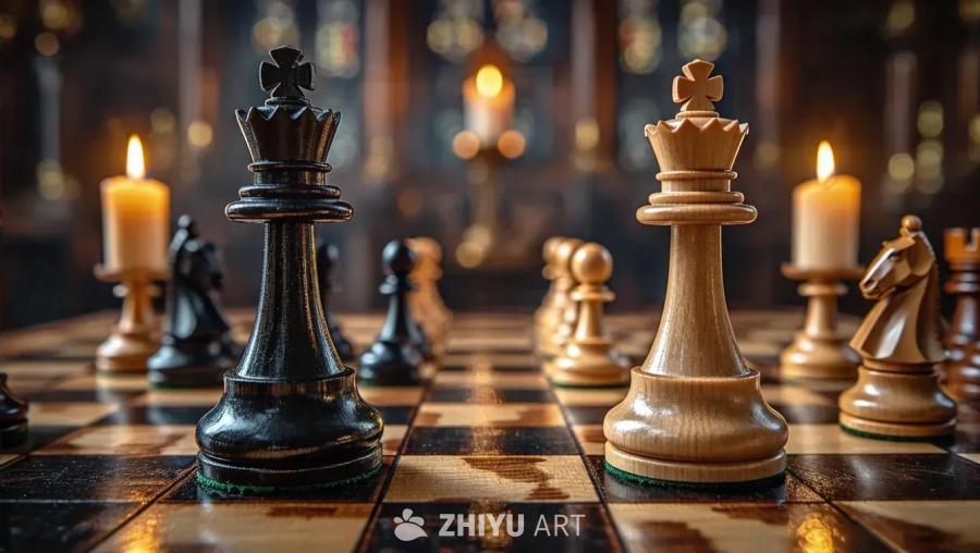 棋盘上，黑色皇后和白色皇后并排坐着。烛光照亮着华丽