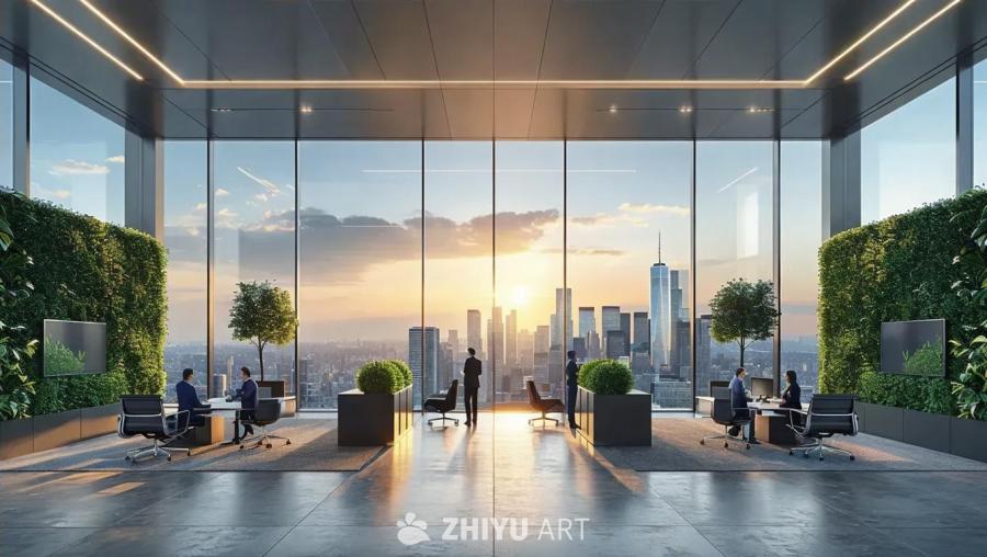宽敞的开放式办公室内，落地窗外是城市天际线景观。房