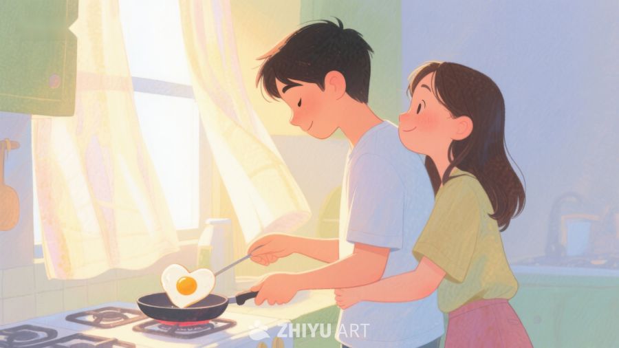 厨房温馨时刻：两人共同烹饪早餐 41