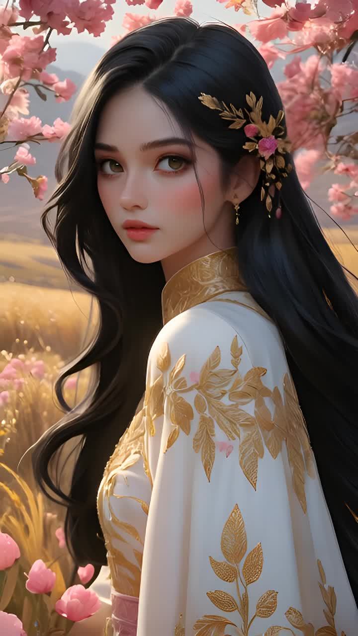 一位有着黑色长发的女子，佩戴着金色发饰和耳环，身穿
