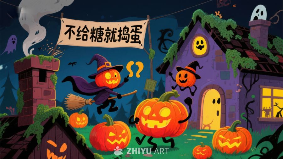 万圣节南瓜灯与幽灵屋的欢乐夜景