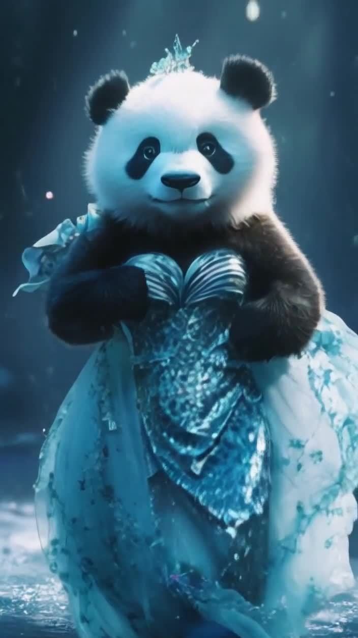 礼服熊猫在光点雪夜中微笑