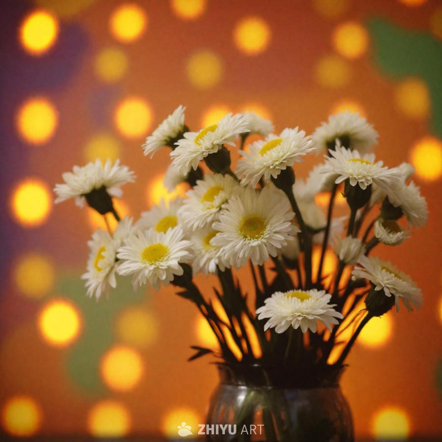 一个花瓶里插着一束白色雏菊花朵，花瓶放置在桌子上，