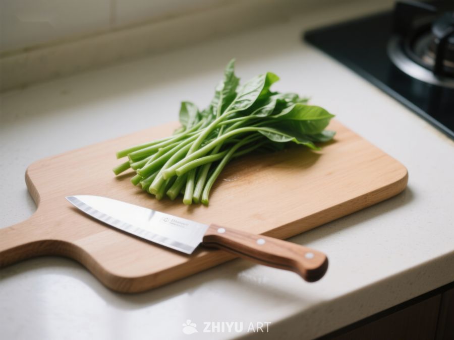 砧板上的新鲜菠菜与刀具 598