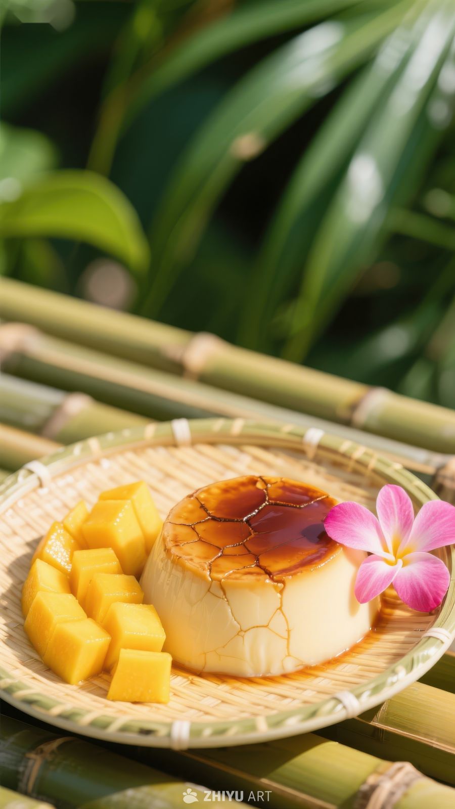 焦糖布丁配芒果块，热带风情美食