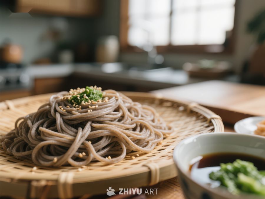荞麦面条配芝麻菜，置于竹制托盘 152