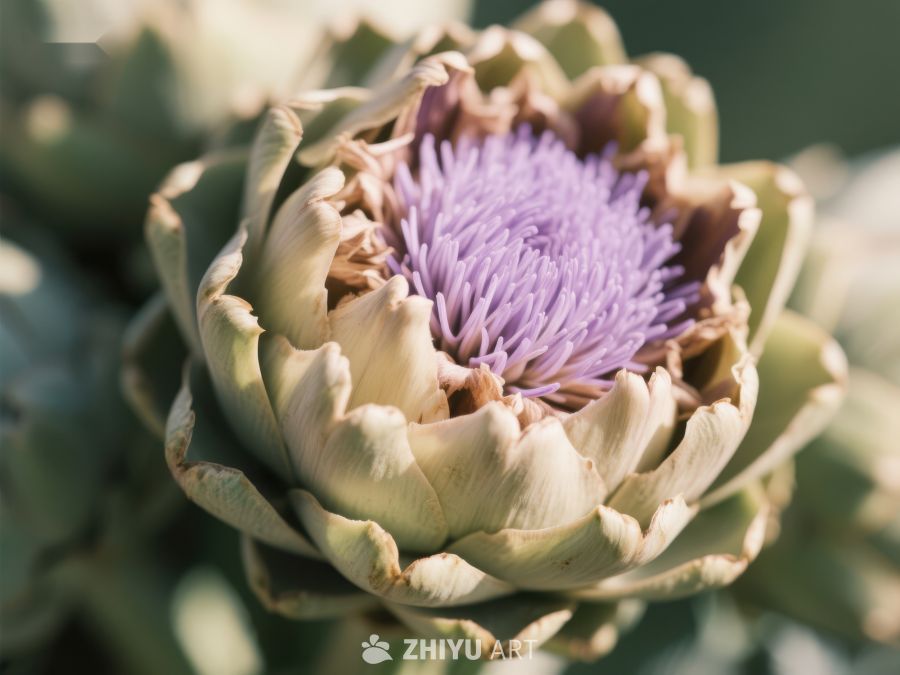 紫色花蕊的绿色菊芋特写 713